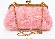 Elegant Pink Floral Rosette Clutch Purse with Gold Chain and Frame picture