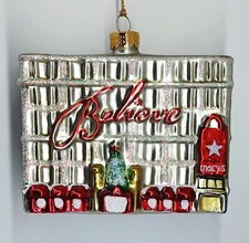 RARE Macy's BELIEVE Department Store Building Blown Glass Christmas Ornament picture