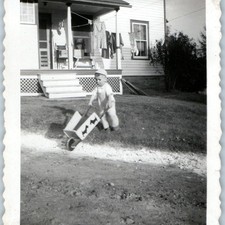 c1940s Young Boy Toy Wheelbarrow Snapshot Photo House Porch Laundry Line Velox picture