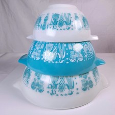 Vintage Pyrex Mixing Bowls 3 Piece Turquoise Butterprint Amish Cinderella Set picture