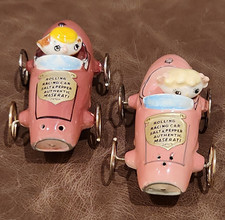 Vtg Japan Parksmith Maserati Rolling Car Novelty Salt & Pepper 2pc Ceramic/Metal picture