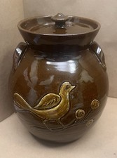 Vtg Jugtown Ware Pottery Large Cookie Jar Brown Bird Pattern Approximately 10” picture