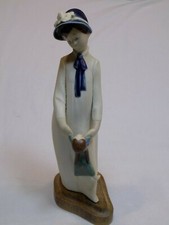 Bisque Porcelain Glazed Women Holding Girl Swinging in Arm Vintage Old Wood Base picture
