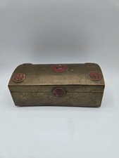 Vintage Chinese Brass Trinket Box With Red Cloisonné Inlays & Floral Engravings picture