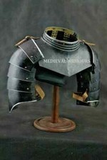 Medieval Hammered 18 Gauge Steel Blackened Pair Of Pauldrons With Gorget Armor picture