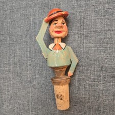 Vtg ANRI Mechanical Man Tipping Hat Cork Bottle Stopper Hand Carved Wood Works  picture