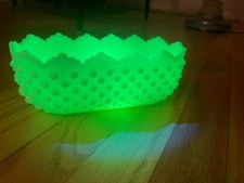 Fenton Jadeite Opaque Hobnail Planter with Scalloped Edge, Uranium, 8 1/2” long picture