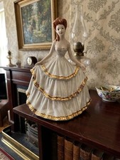 Vintage 1961 John Fischer Ceramic Lady Figurine Gold Trimmed Tiered Ball Gown picture