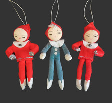 Vintage Felt Christmas Elf Pixie Ornaments 3pc Lot 1950s Posable Stockinette picture