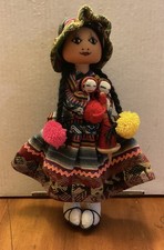 Vintage Peru Andean Folk Art Textile Doll Mother w/ 2 Babies Handmade 11