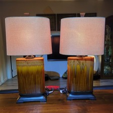 Vintage Drip Glaze Rectangular Ceramic Lamps Burlap Shades picture