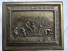Antique Victorian High Relief Scenic Brass Jewelry Trinket Footed Box -2 keys picture