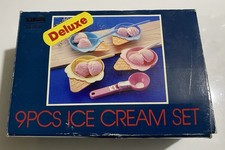 Vintage 9 Piece Ice Cream Set 4 Bowls & Spoons 1 Push Button Scoop picture