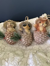 Woodland Animals In Pinecones Christmas Ornaments Forest Holiday Time Set Of 3 picture