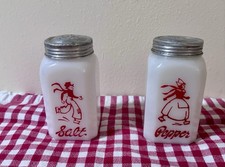 VTG 1950s - Hazel Atlas Large Red Skating Dutch Salt Pepper Range Shakers Set. picture