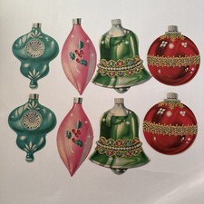RARE VTG 1950'S DENNISON Christmas ORNAMENTS Die Cuts  8 Piece Set - One Sided picture