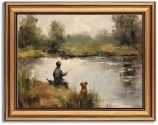 Devunaty Gold Framed Vintage Wall Art Boy Fishing Wall Decor Paintings Funny ... picture
