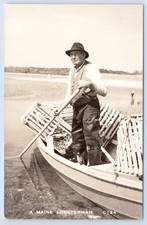 Maine Lobsterman Fisherman Lobster Traps Dory Boat c1940 RPPC Postcard picture