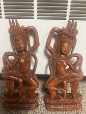 Hand Carved Wood Figures Dancing Goddess Aspara Set Of 2 Beautiful Patina picture