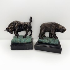Wall Street Stock Market Bull & Bear Bookends Bronze Tone Black Marble Base picture