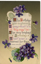 Postcard Birthday Greetings Embossed Purple Flowers Gold Background Poem -9590 picture