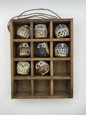 VTG Emson Miniature Ceramic Owls Set In Hanging Display Wood Box Set Of 8 picture