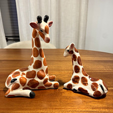 2pc Ceramic Giraffe Figurine Set Pair, Adult & Baby, Brown/White Decor vintage picture