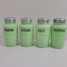 Jadeite Beehive Jeanette Glass Salt Pepper Flour Sugar Shakers Set Uranium MCM picture