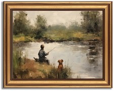 Devunaty Gold Framed Vintage Wall Art Boy Fishing with Dog Canvas Print 16