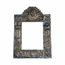 Vintage Peruvian Inca Andean Folk Art Repoussé Metal & Wood Picture Frame picture