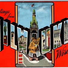 c1940s Milwaukee, WI Greetings Postcard Large Big Letter City Hall Kropp Linen picture