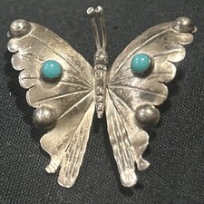 Vintage Signed FM Sterling Silver925 Taxco Mexico Turquoise Butterfly Brooch Pin picture