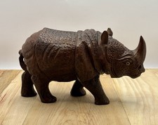 Hand Carved Sumatran Rhinoceros Detailed Folk Wood Carving Vintage Figure picture