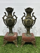 Vintage Spelter Candle Vases Art Nouveau Marble Base 11” 1890-1910 picture