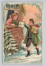 Vtg 1910 Merry Christmas Postcard Boy Delivering Gifts Girl Window ASB 322 Gilt picture