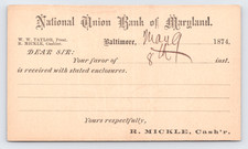 1874 National Union Bank of Maryland Postal Card Baltimore MD to Hagerstown picture
