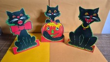 vintage STYLE  Halloween New   Decorations 3 Black Cats cardboard Large 9.5