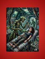 Mantis Alien Examination ACEO Print | UFO Abduction Folk Art | Sci-Fi picture