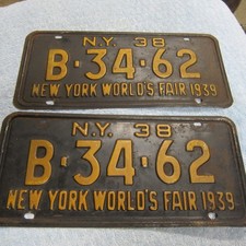 Expired New York License Plate PAIR Tag #  B3462  1938 World's Fair 1939 picture