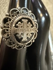 Vintage Silver Filigree Jerusalem Cross Ring Black Onyx Oval Statement ring 6.5 picture