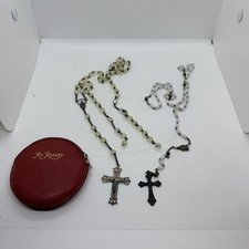 Vintage 1950 Roma Rosary Set Sterling Crucifix Glass Beads w Leather Case picture