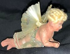 VICTORIAN CHRISTMAS WAX/COMPOSITION ORNAMENT - ANGEL W/MOHAIR, SPUN GLASS WINGS picture