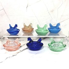 7 Mini Hen on Nest Chicken Salt Dish Set - Jadeite, Cobalt, Pink, Green, Swirls picture