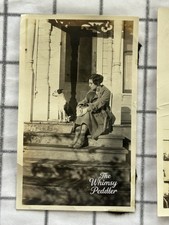 Vintage 1920s Woman With Boston Terrier looking Dog on Porch Snapshot Photo picture