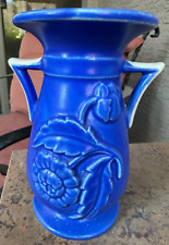 Vintage Shawnee Cobalt Blue Bud Vase Raised Relief Floral Mid Century Dbl Handle picture