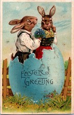 Antique Easter Postcard Anthropomorphic Rabbit Fantasy Dressed Embossed Egg picture