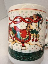 Vintage Fancy Handle Christmas Mug Rocking Horse Ceramic Cup w/ Original Box picture