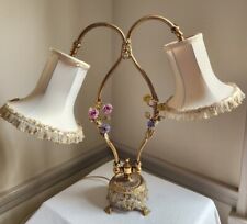 Vtg French Style Double Boudoir Lamp Orig Shades Ormulu Brass Porcelain Roses  picture