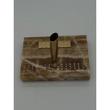 Vintage Onyx Stone Desk Pen Holder Gold Tone Base Mid Century Executive Decor picture