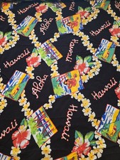 Vintage Rayon Fabric 15 Yards Scenic Novelty Hawaiian Village Print NOS picture